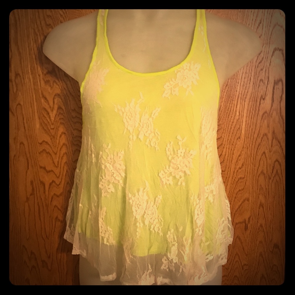 Neon Yellow/Green Racerback Crop Tank w/Beige Lace